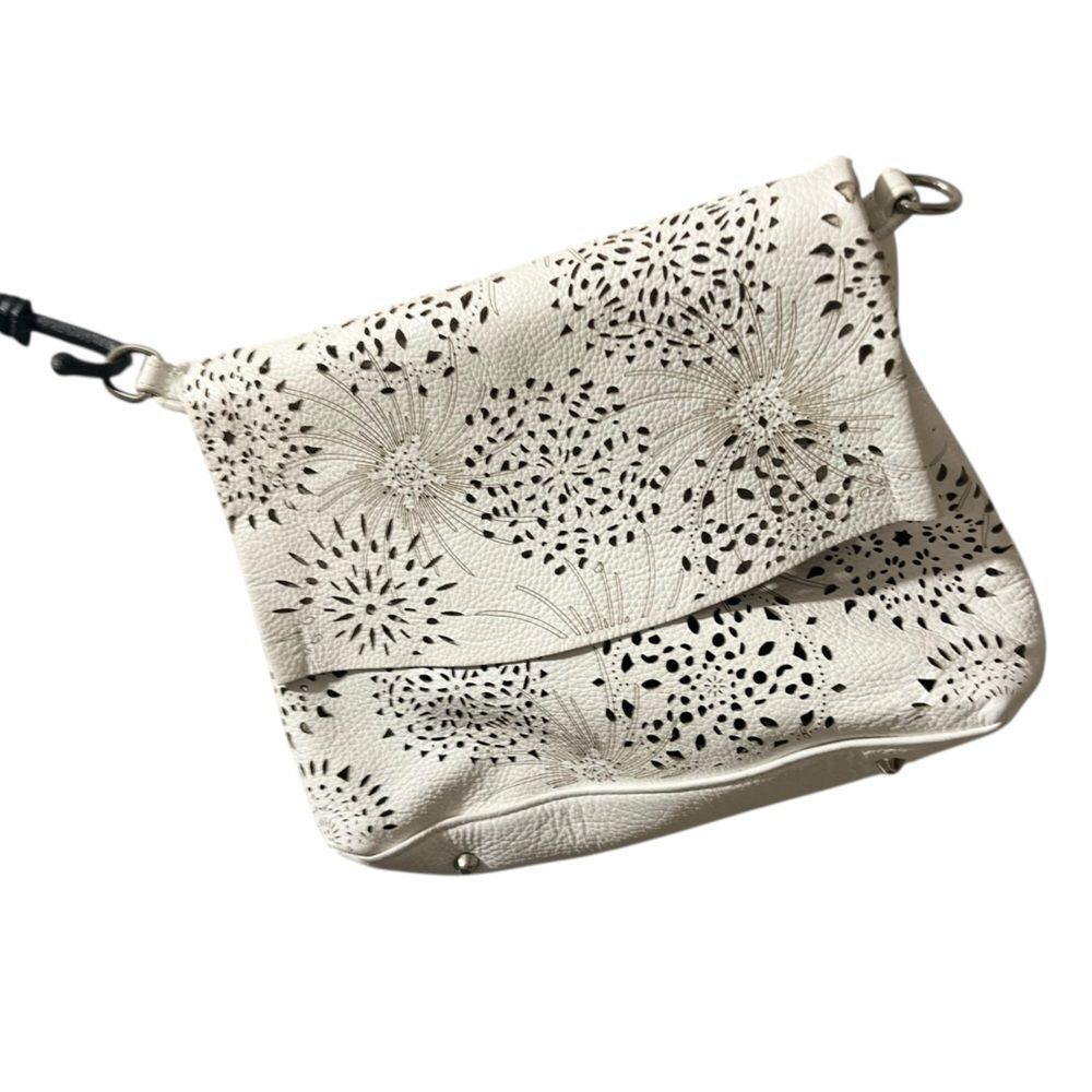 Italian Leather Laser-Cut Crossbody Clutch White & Black Floral Genuine Leather